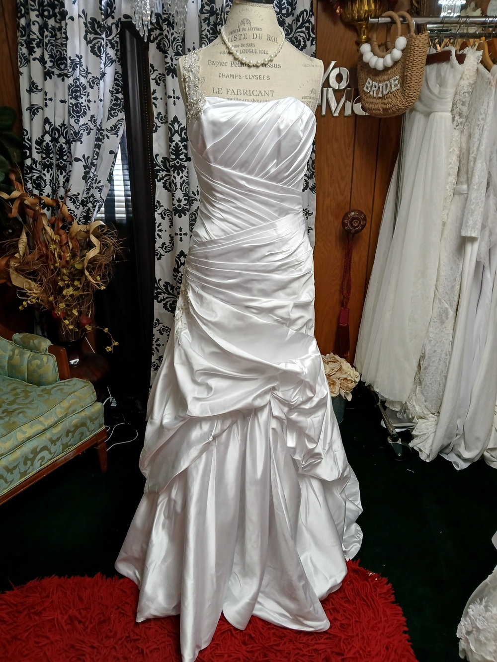 DaVinci White Strapless Ruched Satin Wedding Gown